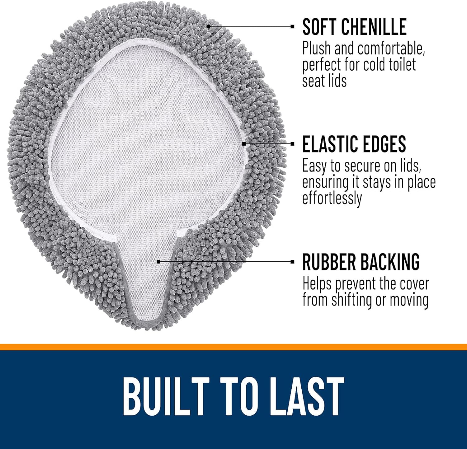 OLANLY Soft Chenille Toilet Lid Cover - Machine Washable, Non-Slip Rubber Backing, Gray, 17.5x15