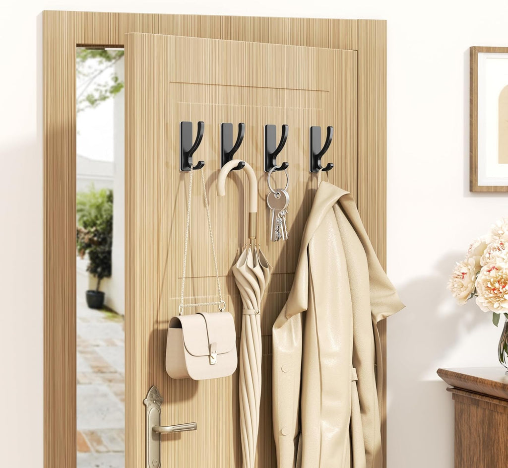 Pickpiff Adhesive Wall Hooks - Heavy Duty Sticky Hooks for Towels, Coats & Bags | No Damage, Black 4 Pack