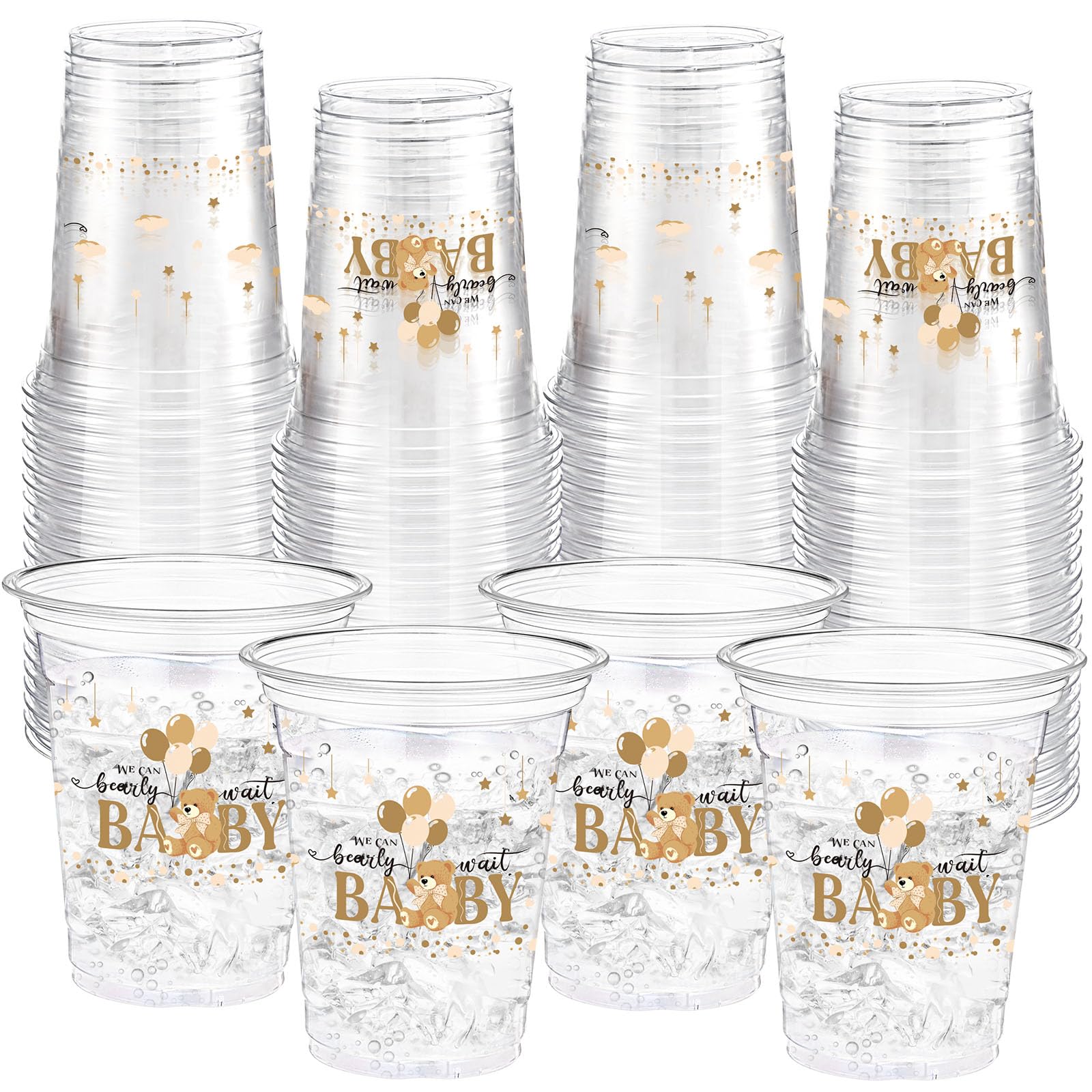 Funnymoom 60 Pcs Brown Bear Plastic Cups 16 oz Disposable Clear Baby Shower Drinking Cups for Bee Theme Party Gender Reveal Supplies Decoration