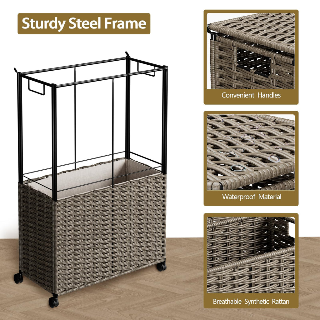 Rolling Laundry Hamper with Wheels and Lid, 90L Slim Laundry Basket with Removable Bag, Foldable Handwoven Rattan Laundry Sorter, Narrow Dirty Clothes Basket Organizer, No Assembly, Grey