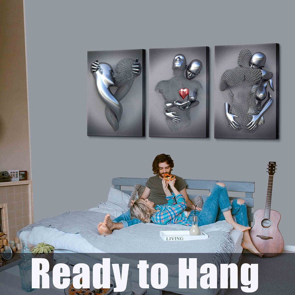 Framed Wall Art for Bedroom 3D Metal Effect Love Heart Couple Wall Art Decor for Living Room 3 Pieces Modern Abstract Grey Black and White Canvas Prints Poster Pictures Paintings for Wall Decorations