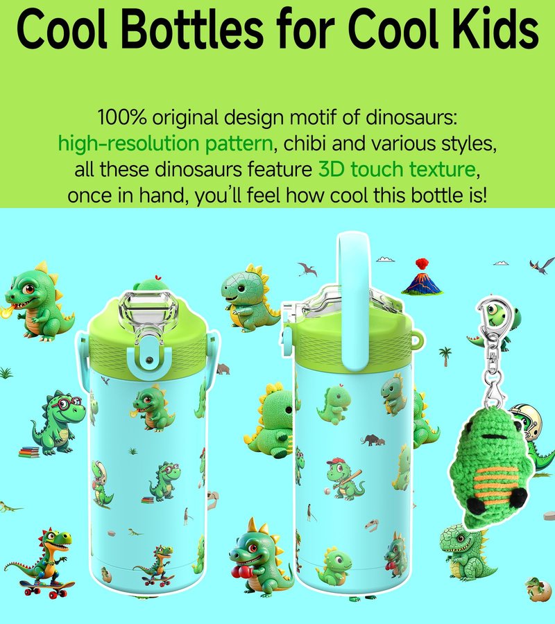 MYFOREST 14oz/400ml Insulated Kids Water Bottle, Odor-Free Surgical Grade Liner, Dishwasher-Safe, Name Spot, Soft Sipper, Gift for Dino Fan (Blue. Dinosaurs)