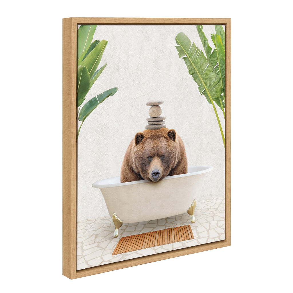 Kate and Laurel Sylvie Big Bear Bali Bath Framed Canvas Wall Art by Amy Peterson Art Studio; 18x24 Natural; Botanical Animal Bathroom Art