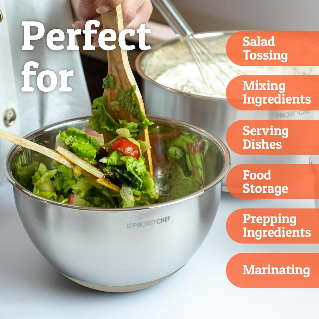 Priority Chef Premium Mixing Bowls Set - Airtight Lids, Non-Slip Base, 5 Nesting Bowls (1.5-5 Qt) - Khaki