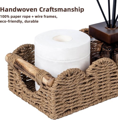 CubesLand Bathroom Basket Organizer - Scalloped Wicker Storage Tray with Cut-Out Handle | Neutral Color