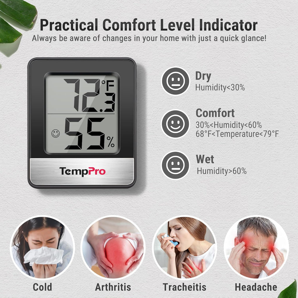TempPro Digital Hygrometer | 3-Piece Indoor Thermometer & Humidity Meter - Black