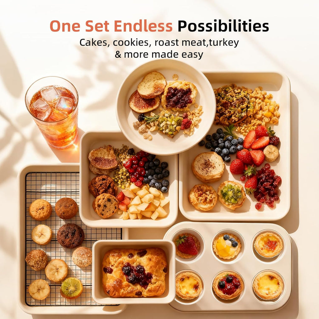 Skiennix 8-Piece Non-Stick Baking Pans Set - Stackable Carbon Steel Bakeware with Cookie Sheet, Roasting Pan, Muffin Pan & Cooling Rack