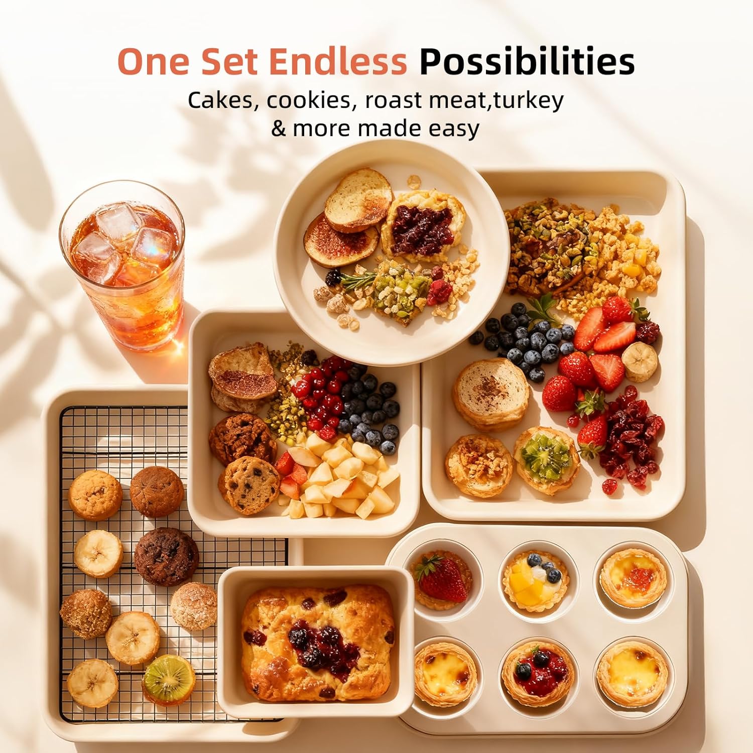 Skiennix 8-Piece Non-Stick Baking Pans Set - Stackable Carbon Steel Bakeware with Cookie Sheet, Roasting Pan, Muffin Pan & Cooling Rack
