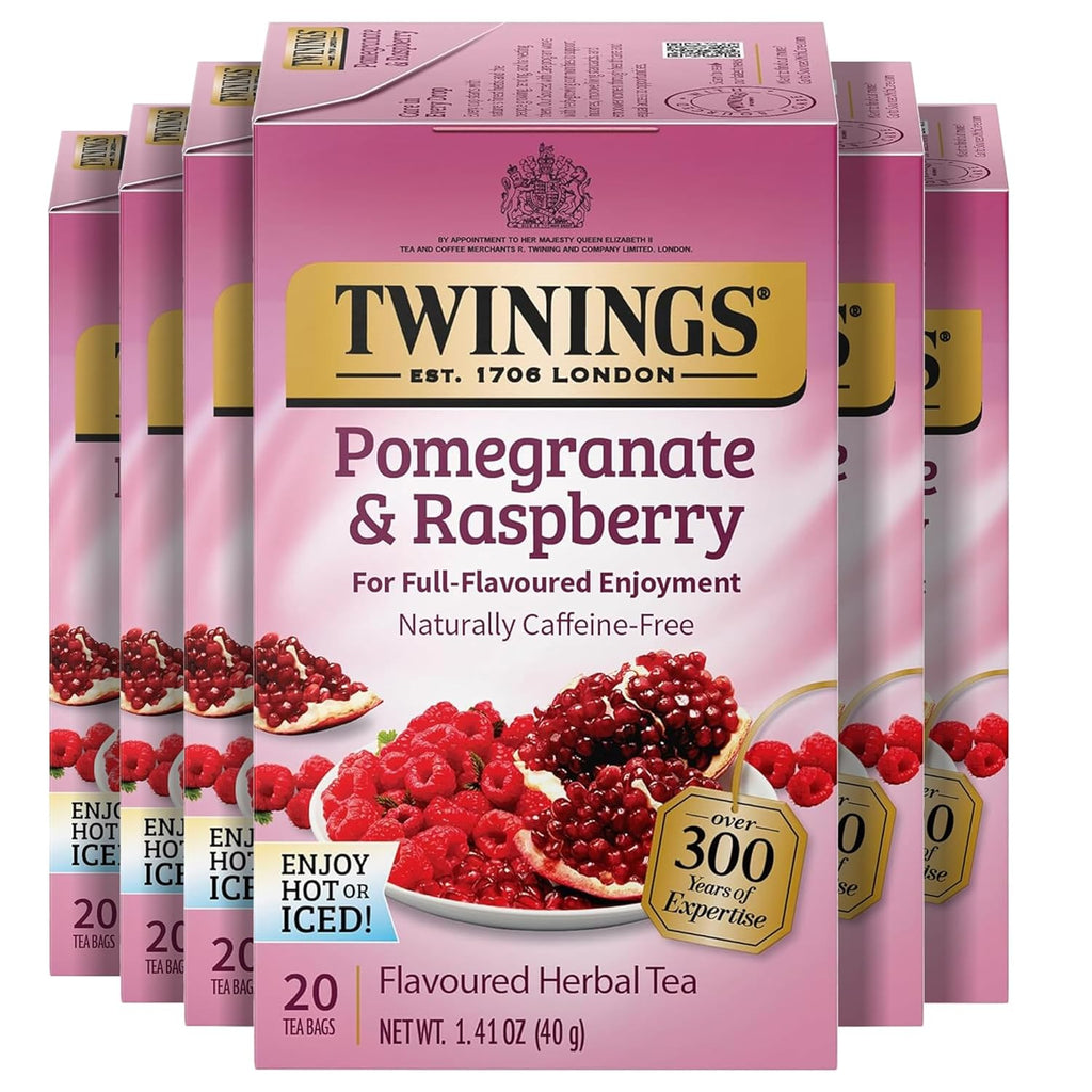 Twinings Pomegranate & Raspberry Herbal Tea - Caffeine-Free, 20 Individually Wrapped Bags (Pack of 6)