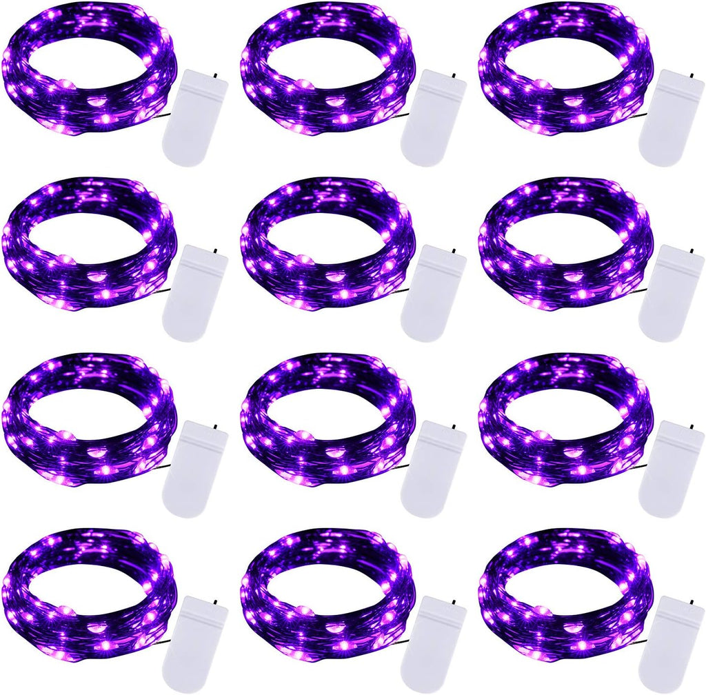Purple Fairy String Lights by Halloween | 12-Pack 7 Ft Battery Operated LED Firefly Lights for Party & Patio