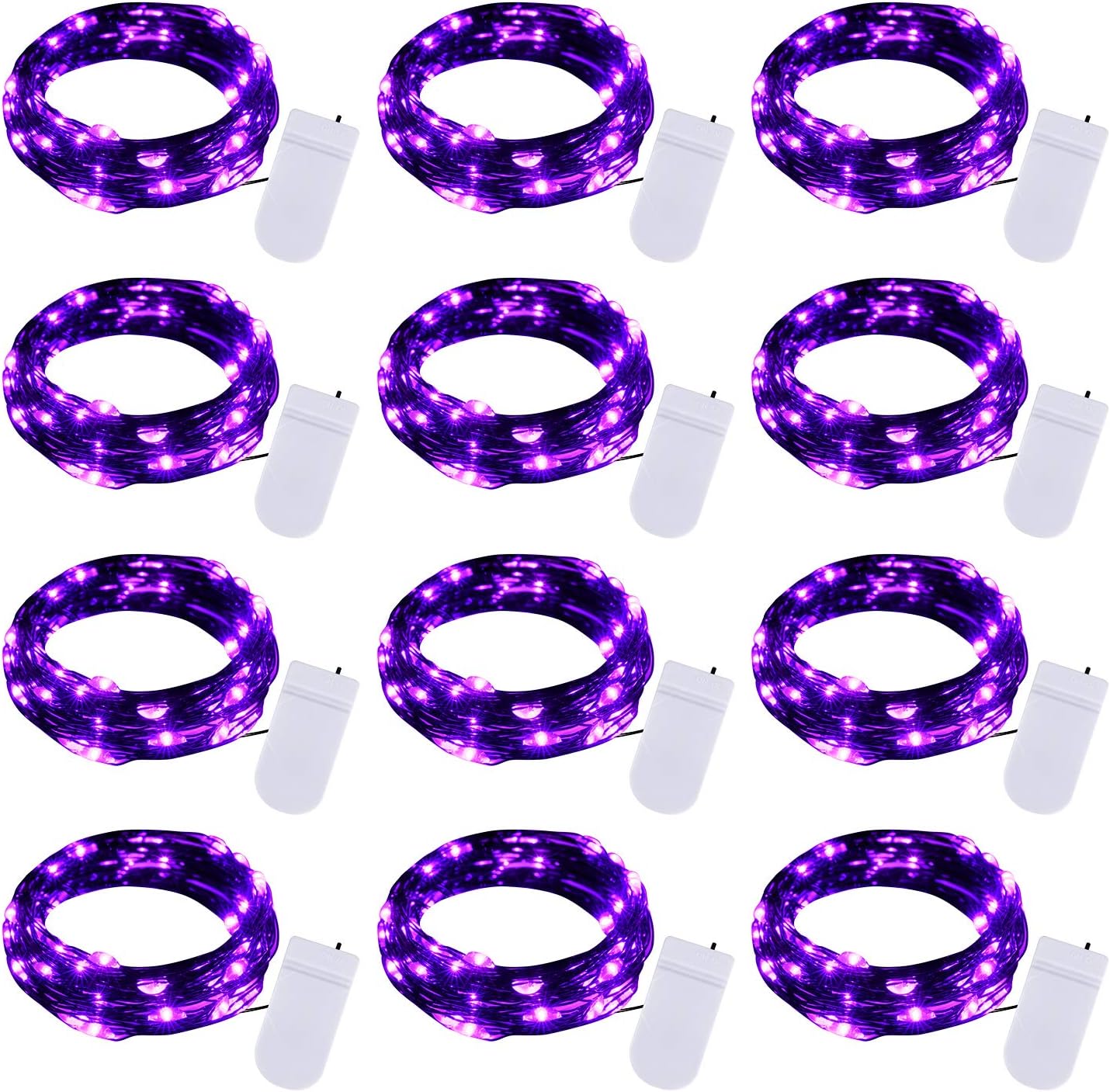 Purple Fairy String Lights by Halloween | 12-Pack 7 Ft Battery Operated LED Firefly Lights for Party & Patio