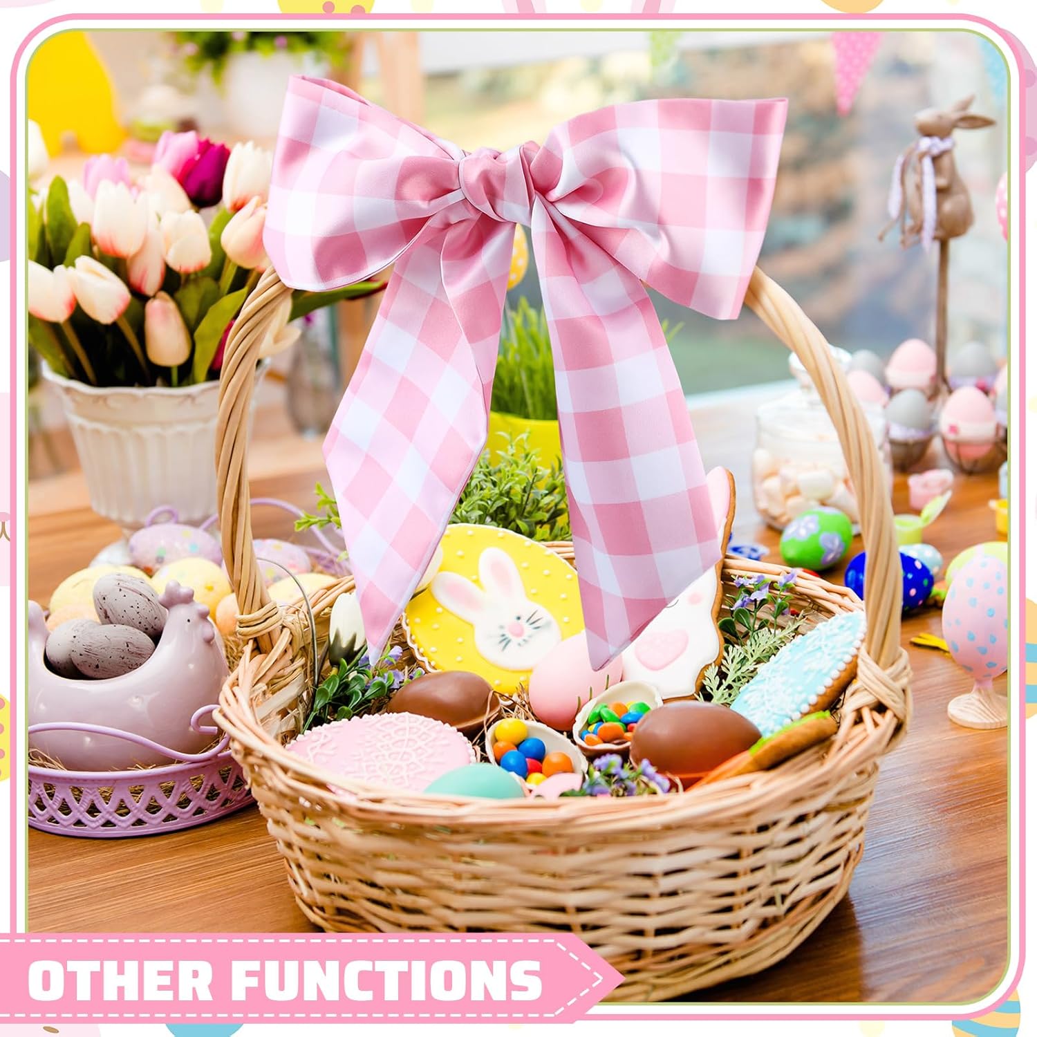 VitalCozy Wreath Sash Set - Chinoiserie Easter Spring Decor | 4.5" W x 56" L in Pink Grid