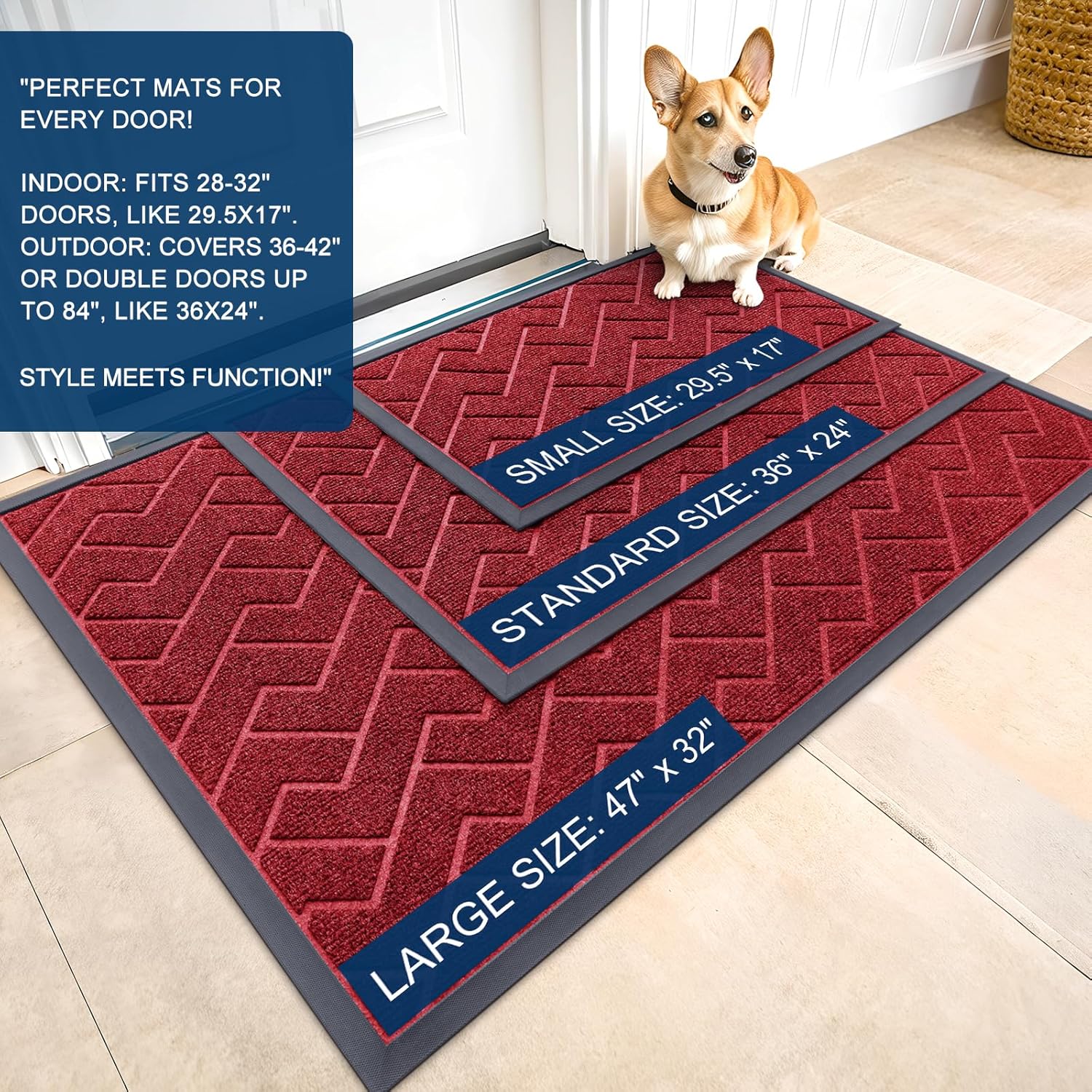 OLANLY Waterproof Front Door Mat - All-Season Indoor/Outdoor Doormat | Sturdy Natural Rubber, Herringbone Brick (Wine Red, 71x47)