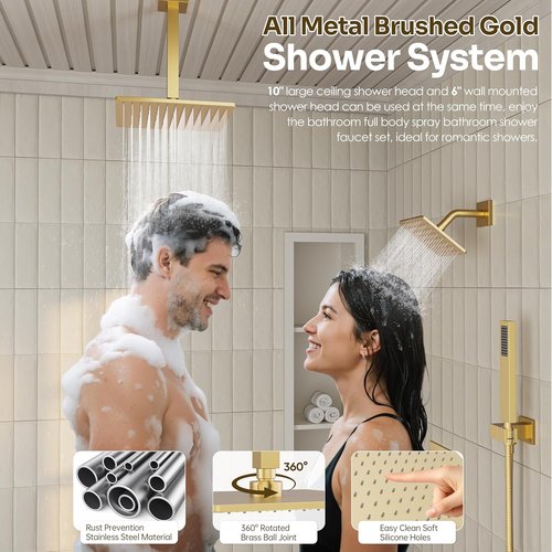 **Regine Switzerland Gold Shower Faucet Set - Brushed Gold Finish with 10'' Ceiling & 6'' Wall-Mounted Heads**