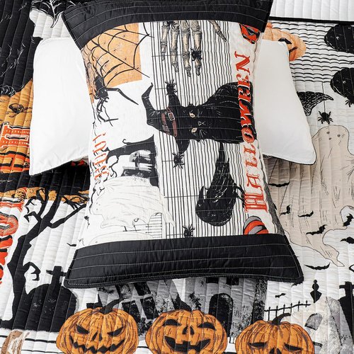 Cmfshape Halloween Quilt Set Bedspread Set,3 Piece Halloween Black Cat Pumpkin Spider Skull Themed Bedding Set King Size,Reversible Coverlet Set with 2 Pillow Shams (King 104"x90")