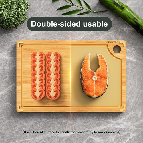 LANGBOHOS Non Toxic Cutting Board、Double Sided Cutting Board、Tempered Glass & Natural Bamboo Chopping Board with Juice Groove BPA Free Cutting Board (Medium-15"L x 10"W)