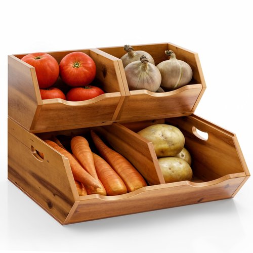 HOLANA Acacia Wood Potato and Onion Storage Bin, Potato Storage, Pantry Baskets, Vegetable Storage, Onion and Potato Storage Bins, Wooden Pantry Bins, Stackable Potato Bins (Patent Pending)