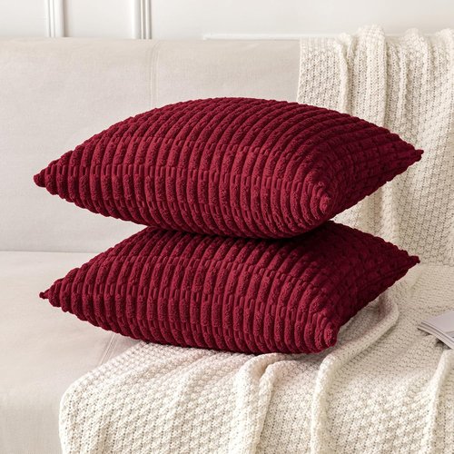 MIULEE Burgundy Corduroy Decorative Pillow Covers - Soft Boho Striped 18x18 Inch for Modern Home Decor