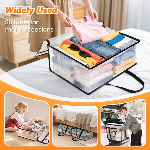 BlissTotes Clear Clothes Storage Bags - 4 Pack Foldable Under Bed Containers with Zipper & Handle (40L)