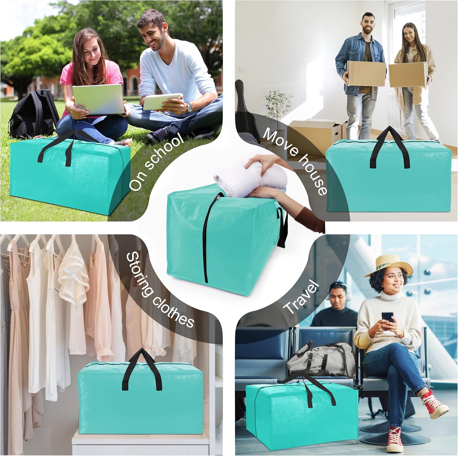 VELVETSURE Heavy Duty Large Moving Bags - 6 Pack with Backpack Straps & Strong Zippers | Space-Saving Aquamarine Totes