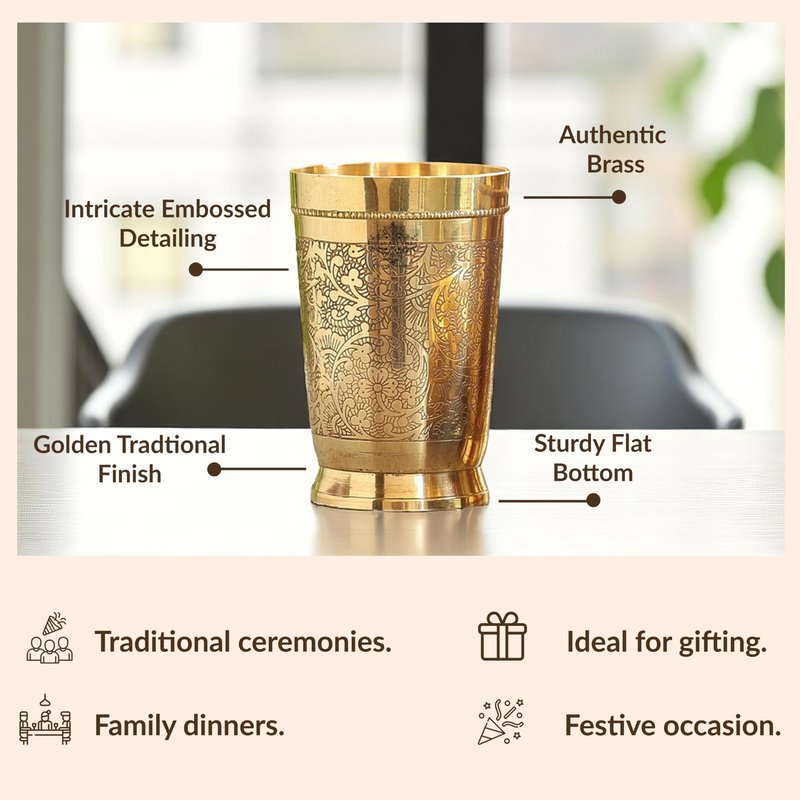 Indian Art Villa Brass Glass Tumbler, Embossed Design, 11 Oz Each, Set of 2