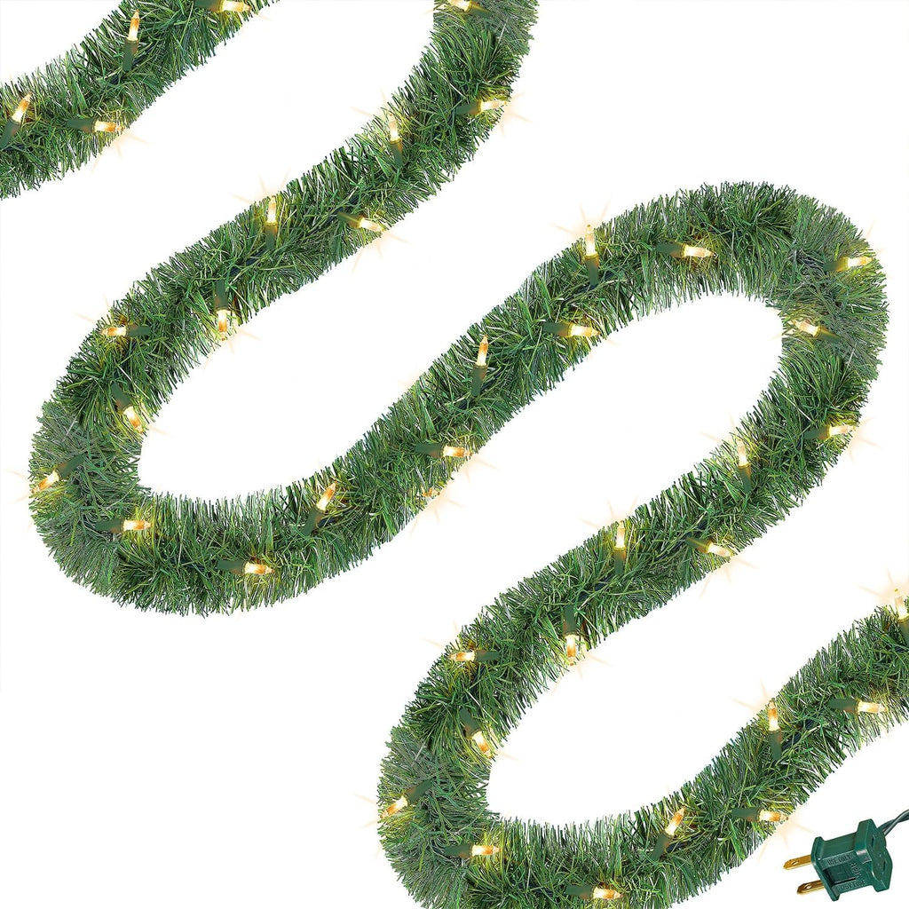 WATERGLIDE 49FT Lighted Christmas Green Garland - 100 Clear String Lights for Indoor/Outdoor Decor