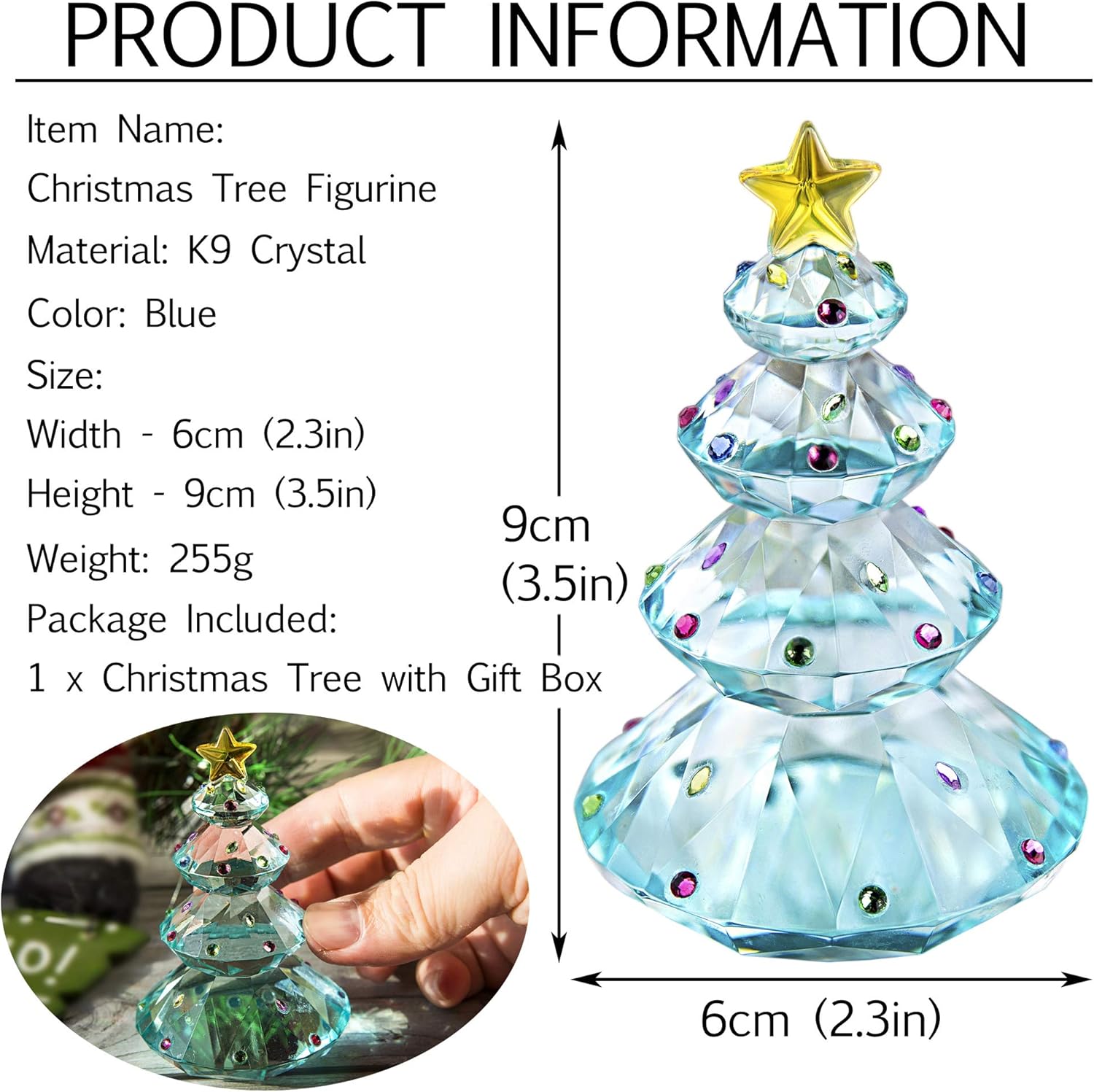 QFkris Crystal Christmas Tree Figurine - 3.5" Blue Glass Paperweight Table Ornament | Holiday Gift