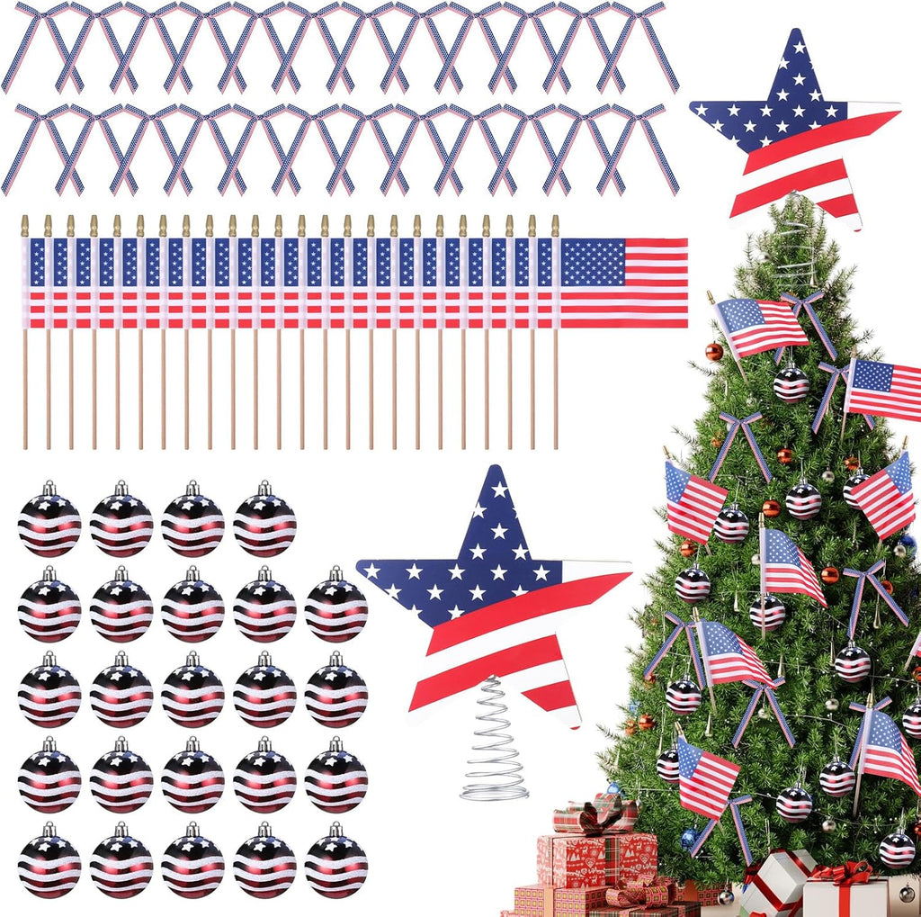 Seematn 73 Pcs Patriotic Ornaments - 4th of July Tree Decorations with Flag Stars & Bows