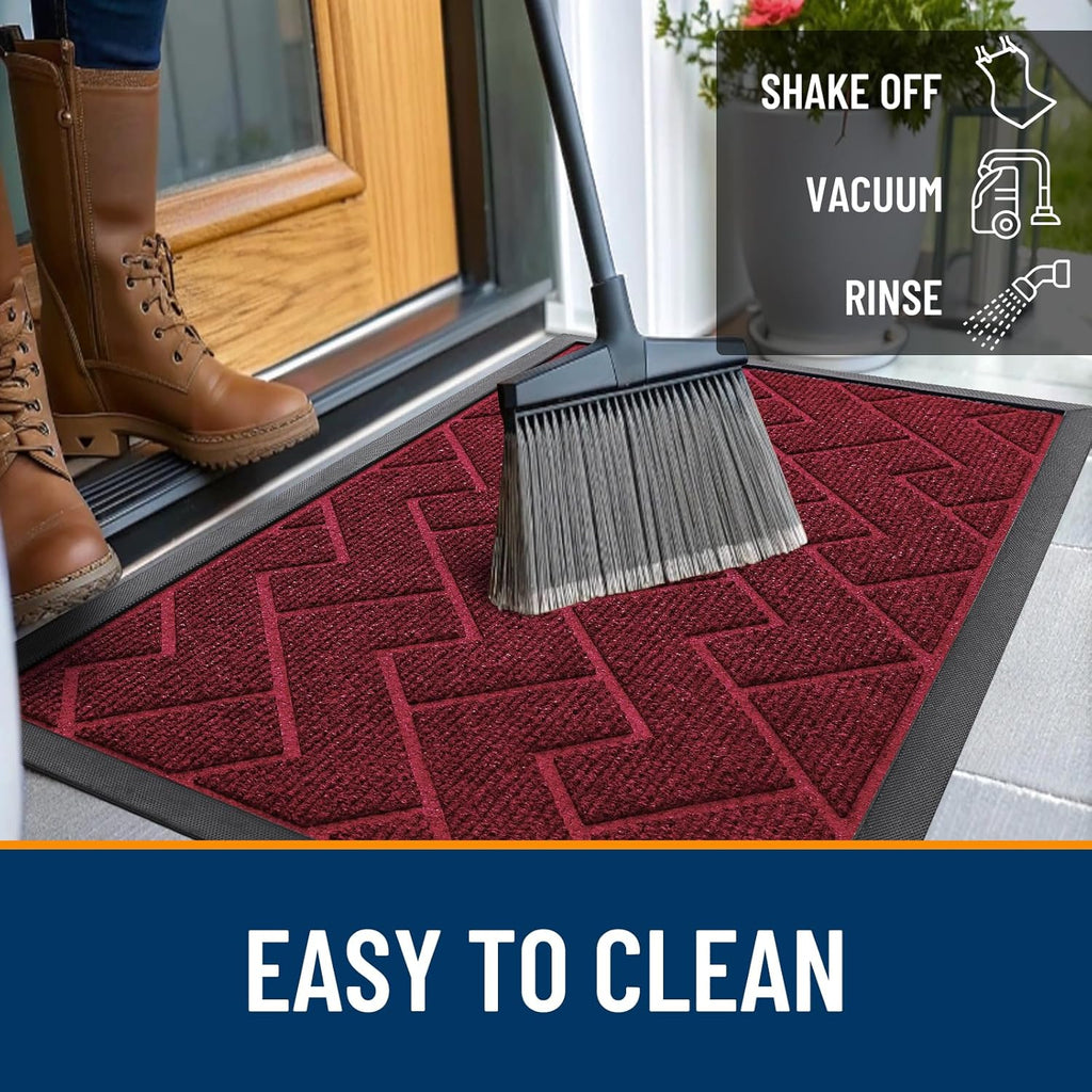 OLANLY Waterproof Front Door Mat - All-Season Herringbone Design | Easy Clean, Low Profile (Wine Red, 47x32)