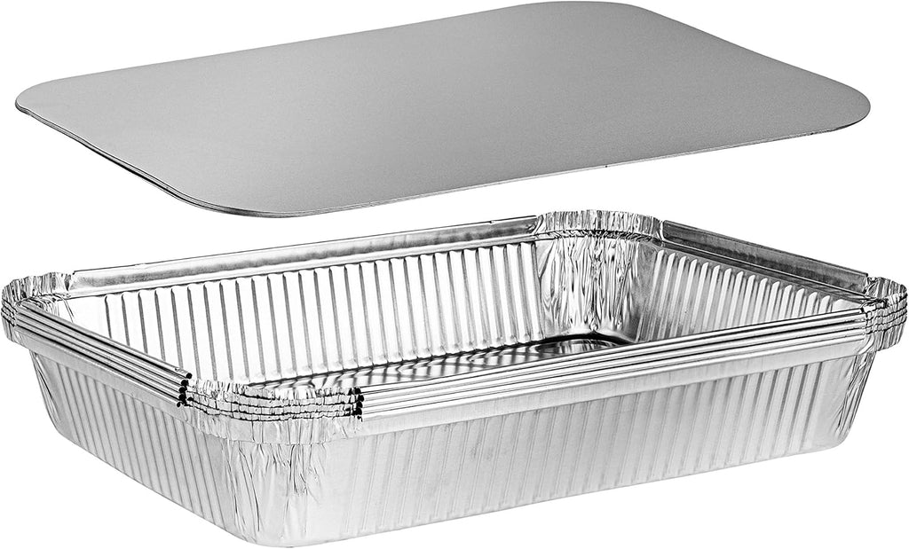 PLASTICPRO Disposable Aluminum Baking Pans - 4 LB Oblong Foil Containers with Cardboard Lids | 12'' x 8'' x 2'' - Ideal for Brownies, Bread, or Lunchboxes, Pack of 5