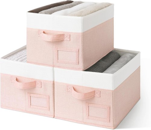 Granny Says Storage Baskets - Decorative Fabric Bins for Organizing | Medium Pink & Ivory, 3-Pack
