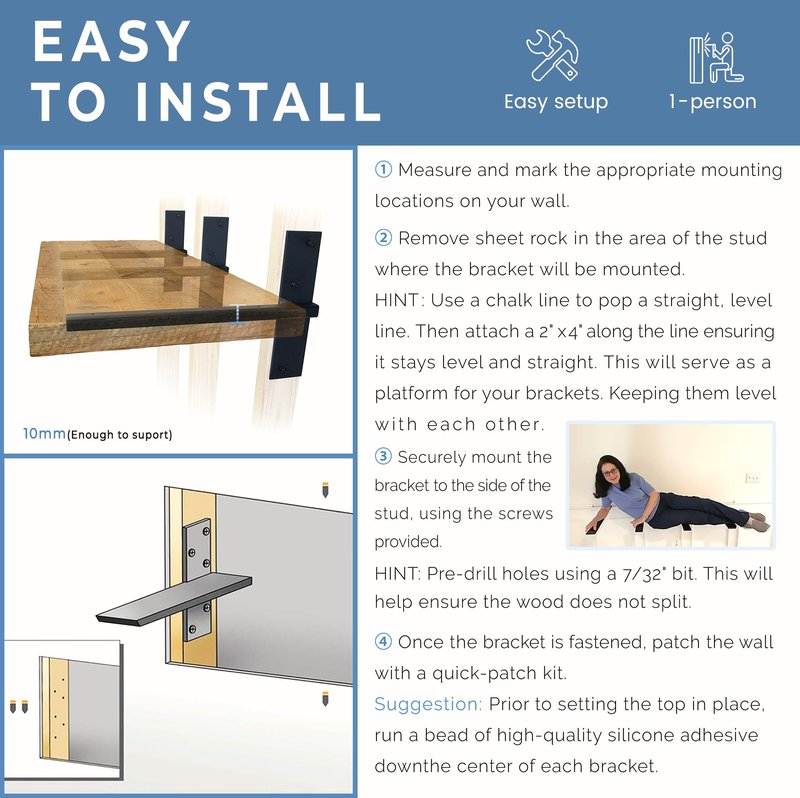 Floating Shelf Bracket Heavy Duty 1/2" Thick Free Hanging Countertop Support Bracket 2 Pack 12" Lx2.5 W Hidden Shelf Bracket for Floating Wall Countertops, Bars, Desks, Bench Seats, Vanities, Mantels