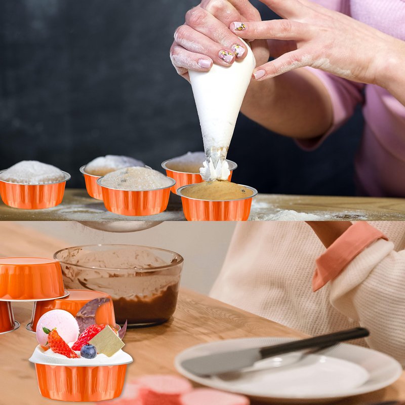 BAKINGPAK Round Baking Cups with Lids, 50PCS 8OZ Mini Aluminum Foil Pans Mini Cake Pans with Lids Cupcake Liners Muffin Pan Individual Cupcake Containers for Birthday, Orange