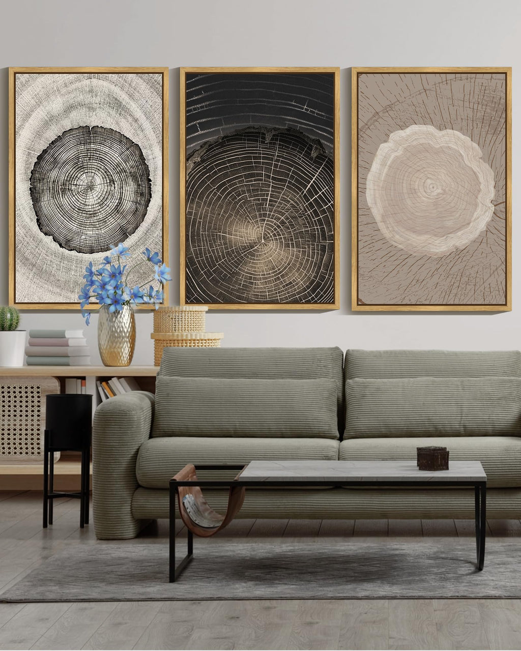 PHOPAGO Vintage Wood Tree Rings Wall Art 16x24in Farmhouse Rustic Framed Canvas Paintings Nature Artwork Natural Framed