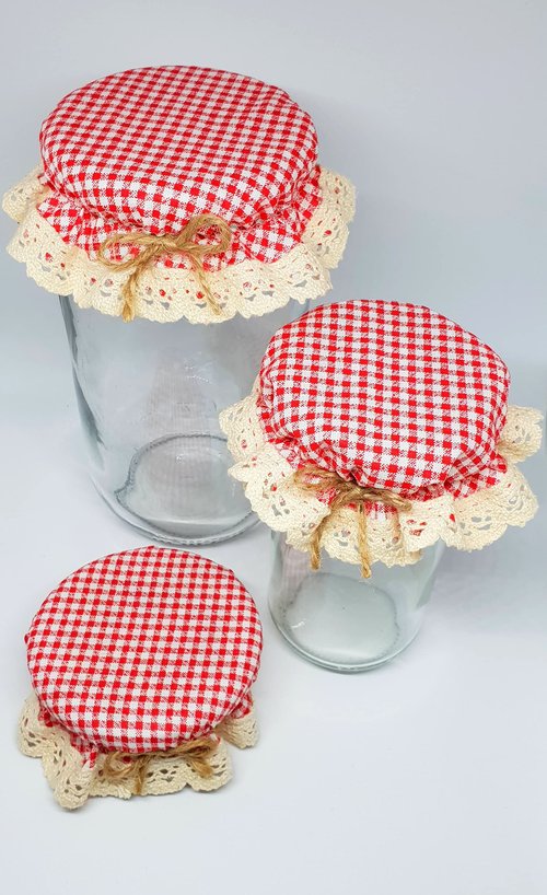 DLK - 10 Pieces Elasticated Jar Cover - 100% Cotton, Stretchy Red Gingham (Checkered) Pattern - Breathable Fermentation Lid Bowl - Reusable Elastic Cloth Covers