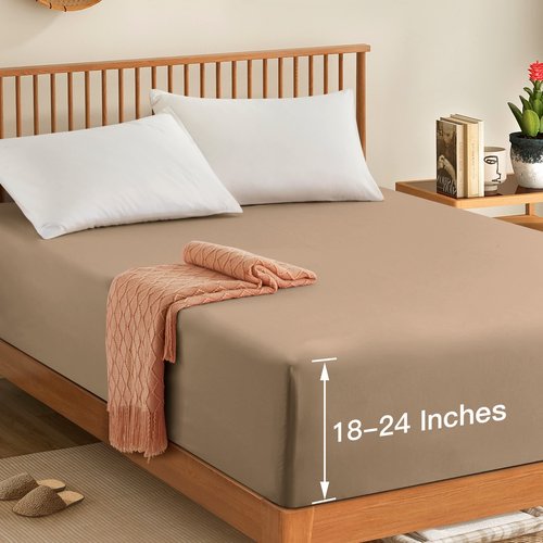 Manyshofu Queen Extra Deep Pocket Fitted Sheet Only - 1800 Thread Count Hotel Deep Fitted Sheet Up to 24 Inches Mattress, Taupe Bottom Sheet 18-24 Inch Microfiber Deep Queen Mattress Sheet