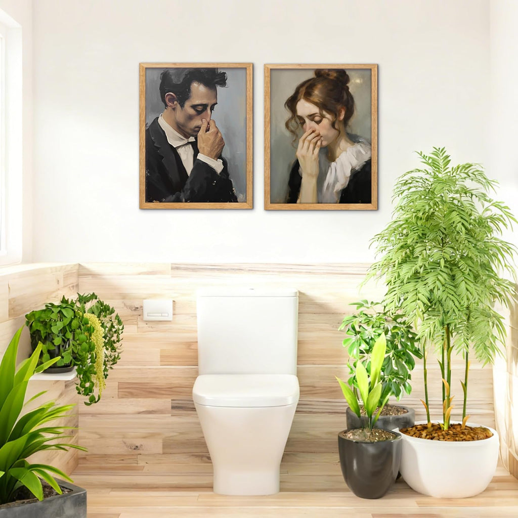Skiennix Funny Bathroom Canvas Wall Art - Vintage Mid-Century Style Humor - 11" x 15" (2 Pcs)