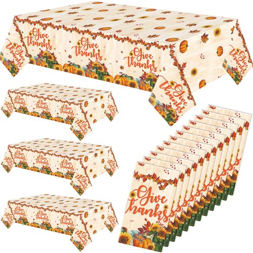 Fanfanwin 12 Pack Thanksgiving Fall Disposable Tablecloths Autumn Maple Leaf Give Thanks Plastic Table Cover 108 x 54 In Rectangle Pumpkin Table Cloth for Thanksgiving Autumn Harvest Party Decorations