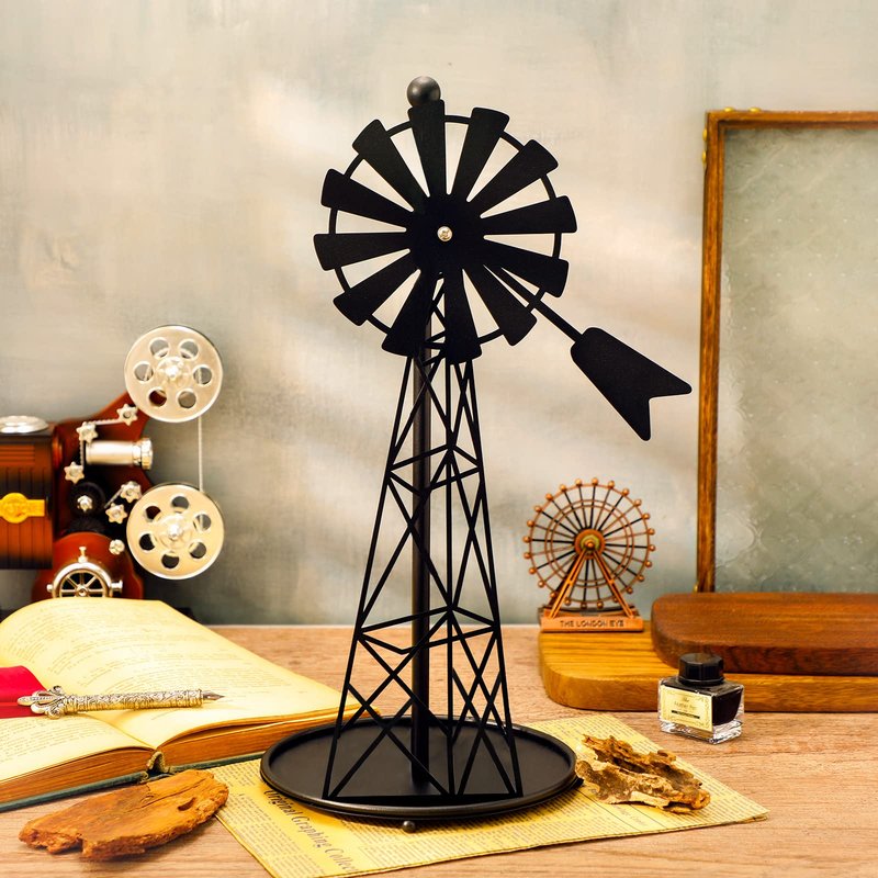 Vesici Windmill Paper Towel Holder Western Farmhouse Standing Paper Towel Roll Holder Black Countertop Metal Farm Decor Rustic Country Kitchen Rack for Kitchen Bathroom Home, 14.4 Inch