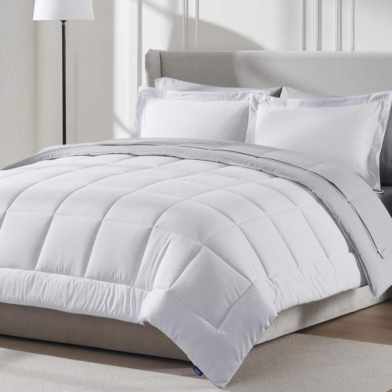 Nestl 7 Piece Queen Comforter Set – White Reversible Bed in a Bag – Complete Queen Size Bedding Set with Sheets, Pillowcases and Shams