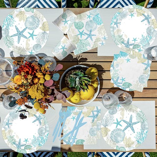Ocean Seashell Beach Plates and Napkin Coastal Beach Party Supplies Blue Starfish Seashell Coral Themed Disposable Tableware Cups Forks for Kids Summer Birthday Party Decorations, Serves 24