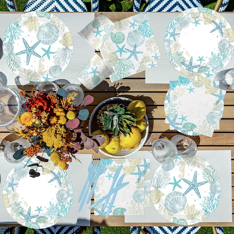 Ocean Seashell Beach Plates and Napkin Coastal Beach Party Supplies Blue Starfish Seashell Coral Themed Disposable Tableware Cups Forks for Kids Summer Birthday Party Decorations, Serves 24