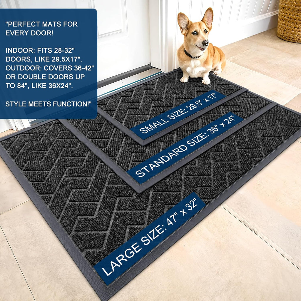 OLANLY Waterproof Front Door Mat - All-Season Indoor/Outdoor Doormat | Sturdy Natural Rubber, Herringbone Brick (Black, 59x23)