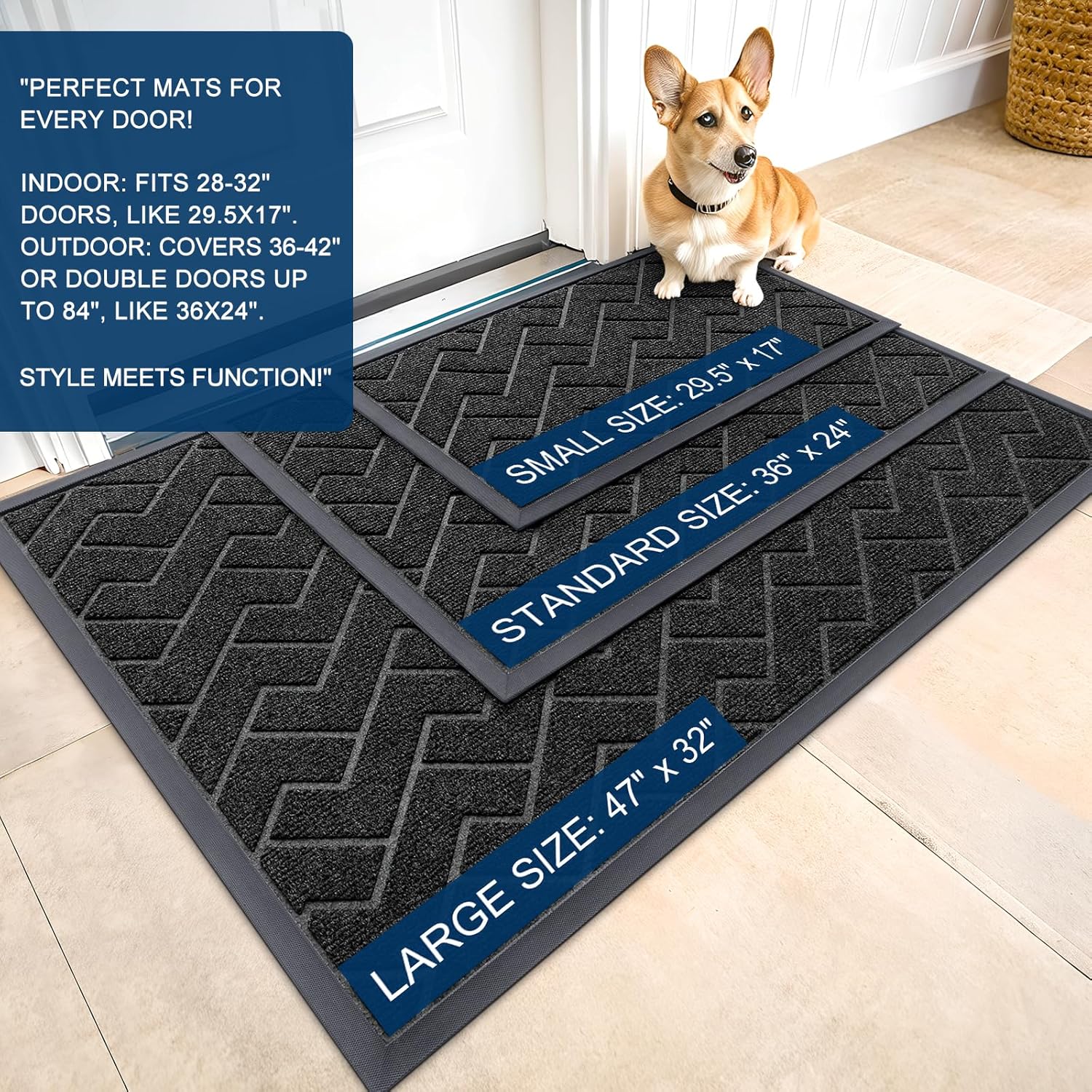 OLANLY Waterproof Front Door Mat - All-Season Herringbone Doormat | Sturdy Natural Rubber, Easy Clean (Black, 47x32)