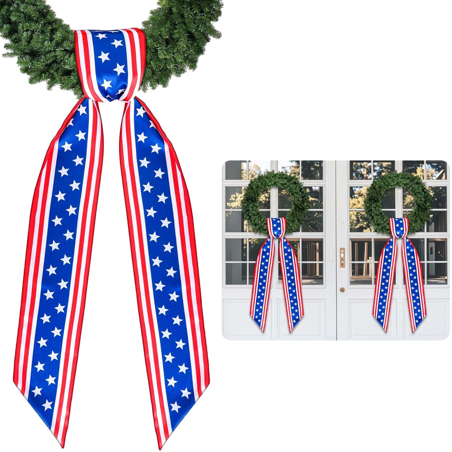 RunNico Patriotic Wreath Sash - 2 Pack Red, White & Blue Satin Decor for 4th of July | 53" L x 3.4" W