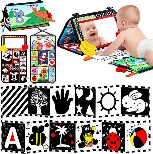 3PCS High Contrast Baby Toys by [Brand Name] - Tummy Time Mirror & Crinkle Cloth for Visual Stimulation | Ideal for Newborns 0-12 Months