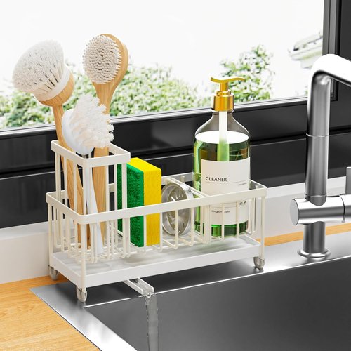 Cisily Kitchen Sink Caddy Organizer - Rustproof 304 Stainless Steel Sponge Holder (Cream, 9.25")