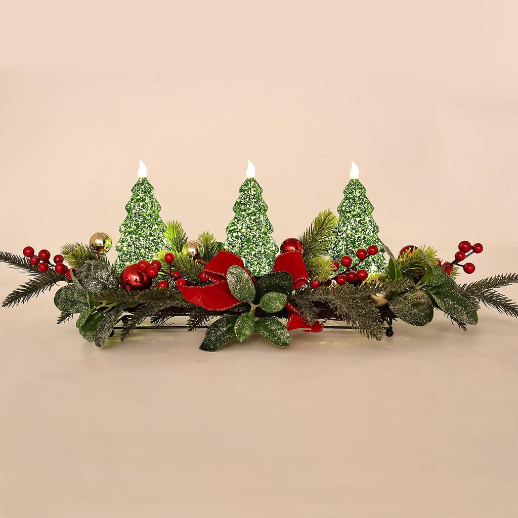 Skiennix Christmas Table Centerpiece - LED Lights, Green Tree Decoration with Red Berries & Balls