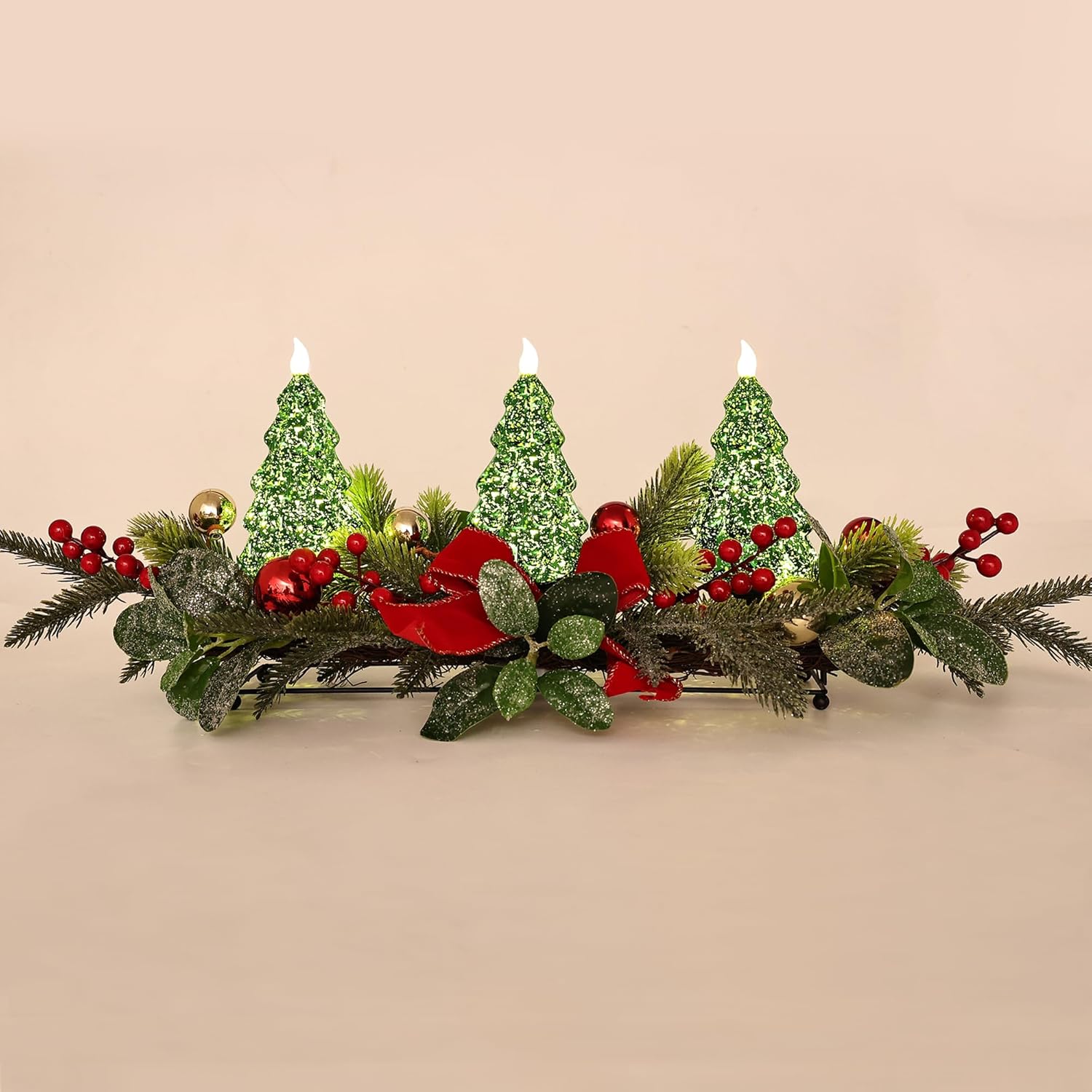 Skiennix Christmas Table Centerpiece - LED Lights, Green Tree Decoration with Red Berries & Balls