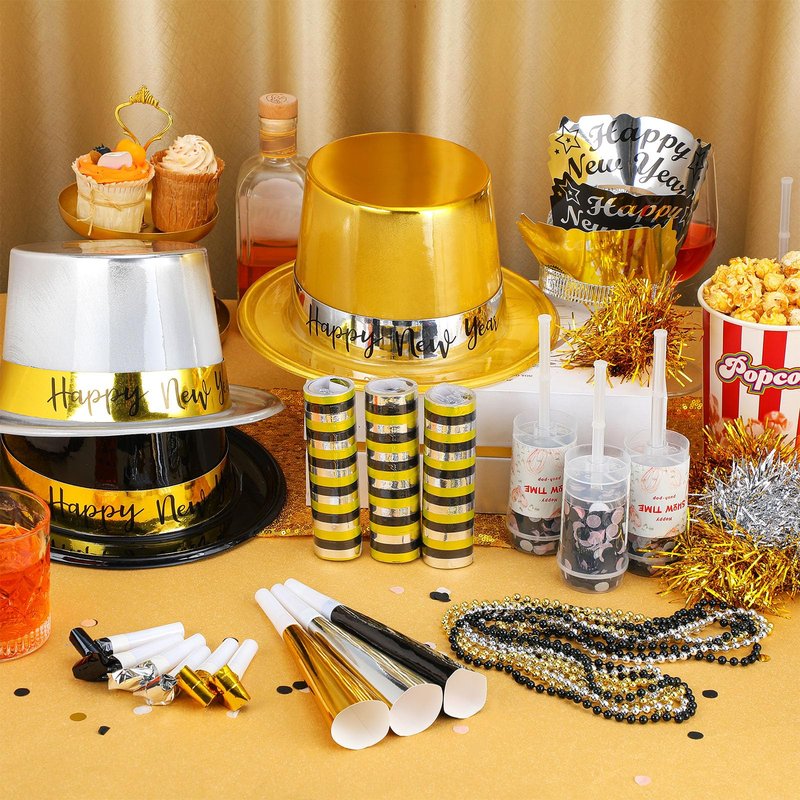 Ceenna 2026 New Year's Eve Party Decorations Supplies for 24 Guests 12 New Year Hats 12 Tiara 12 Blowing Horns 12 Metallic Fringed Noisemakers 24 Necklaces 24 Bracelets 10 Celebrations